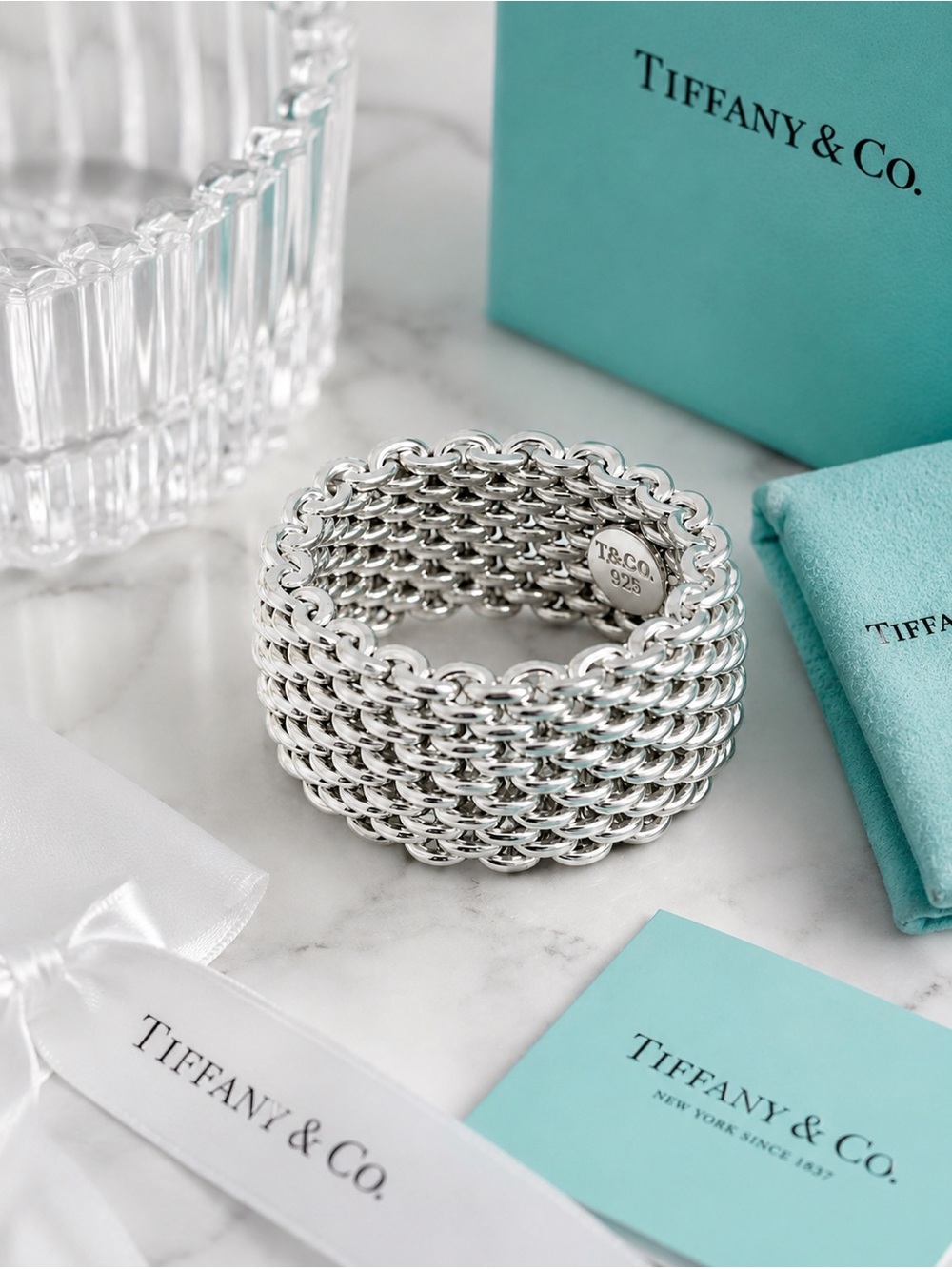 Tiffany & Co. Somerset Flexible Mesh Ring Sterling Silver 10mm Wide Size 4.5